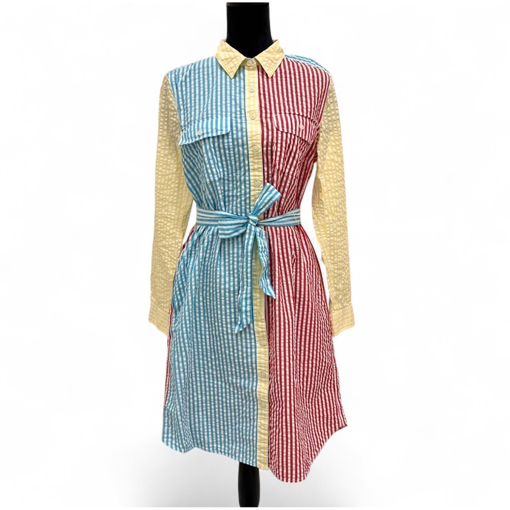 Land's End Seersucker Button Front Shirt Dress Belted Pockets Colorful Medium